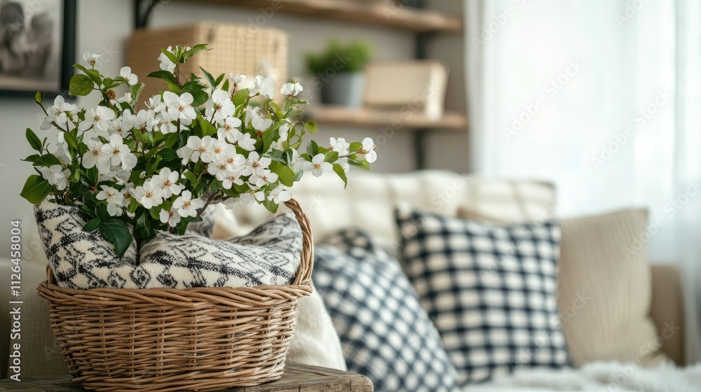 Cozy apartment interior featuring a wicker basket with flowers accompanied by patterned cushions on a wooden shelf in a serene living room. Cozy apartment interior featuring a wicker basket with flowers accompanied by patterned cushions on a wooden shelf in a serene living room.