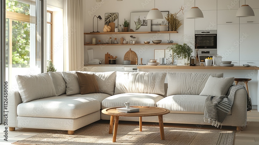 Fototapeta premium A living room with a sofa and coffee table, a kitchen in the background, a wooden shelf for storage, and a neutral color palette of a light grey fabric couch.