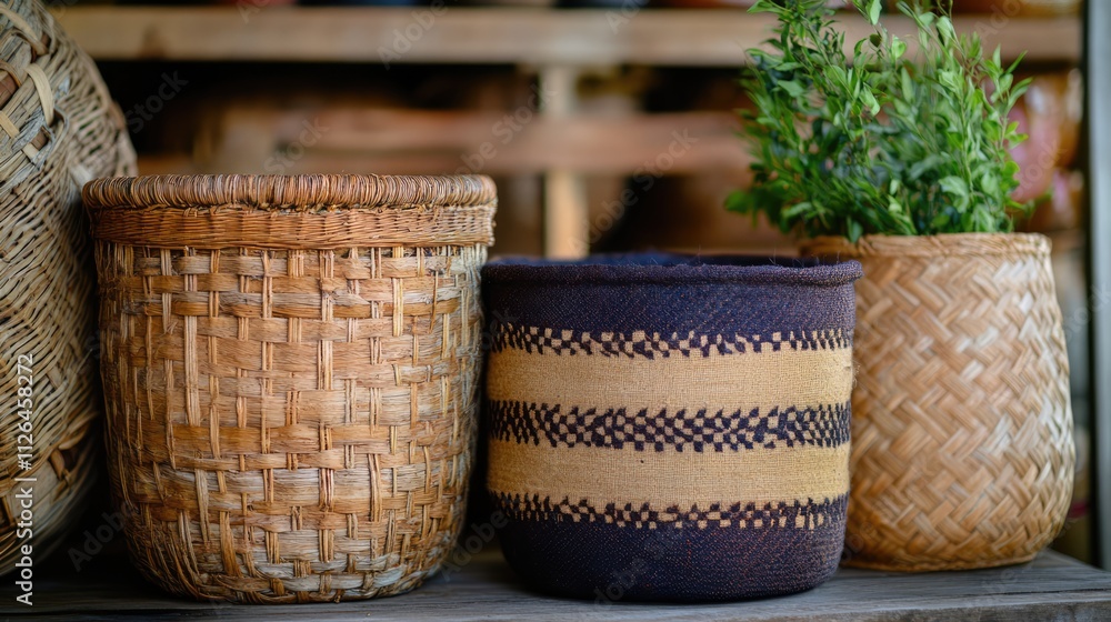 Elegant handcrafted wicker and cloth baskets displayed on rustic wooden shelf with greenery accents for home decor inspiration Elegant handcrafted wicker and cloth baskets displayed on rustic wooden shelf with greenery accents for home decor inspiration