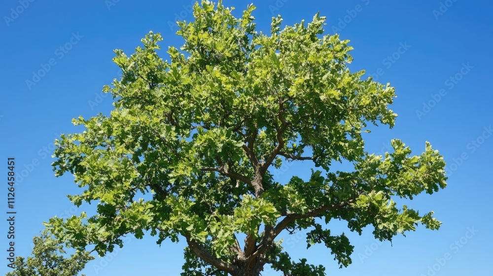 Lush green oak tree foliage under clear blue sky in bright summer sunlight showcasing vibrant nature and tranquility Lush green oak tree foliage under clear blue sky in bright summer sunlight showcasing vibrant nature and tranquility
