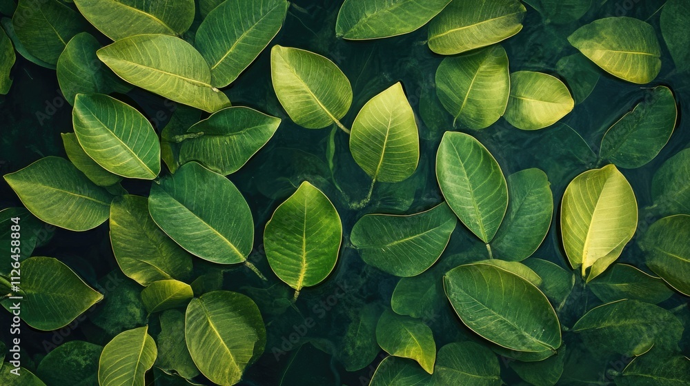 Fototapeta premium Lush green mangrove leaves floating on tranquil waters in the Maldives creating a serene natural atmosphere for relaxation and exploration.