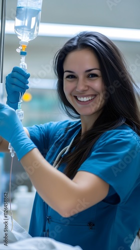 Smiling nurse administering an intravenous drip in a hospital setting, highlighting healthcare, care, and compassion. photo