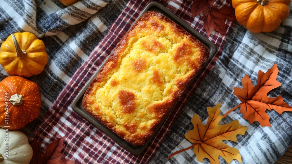 A loaf of cornbread with a crispy golden crust, placed on a plaid cloth with decorative fall leaves and gourds