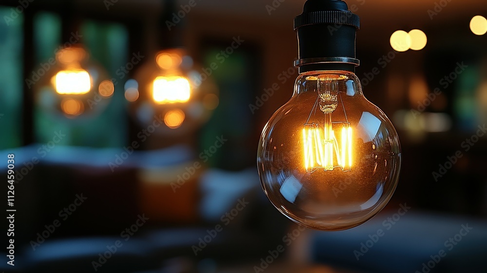 A light bulb is lit up in a dimly lit room. The light bulb is a small, round, clear bulb with a warm glow. The room is cozy and inviting, with a couch and a chair in the background A light bulb is lit up in a dimly lit room. The light bulb is a small, round, clear bulb with a warm glow. The room is cozy and inviting, with a couch and a chair in the background