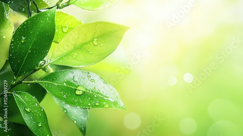 Fresh green leaves with water droplets creating a vibrant spring nature background for serene and rejuvenating wallpaper design.