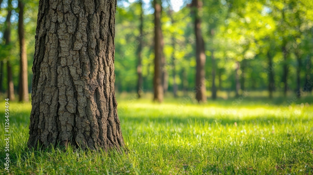 Green grass meadow with blurred background of tree trunks in a sunlit forest showcasing the beauty of springtime nature and new life. Green grass meadow with blurred background of tree trunks in a sunlit forest showcasing the beauty of springtime nature and new life.