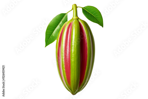 Closeup of red cocoa pod or Cupuacu with green leaves, isolated on white transparent background, symbolizing nutritional supplements and cosmetic ingredients photo