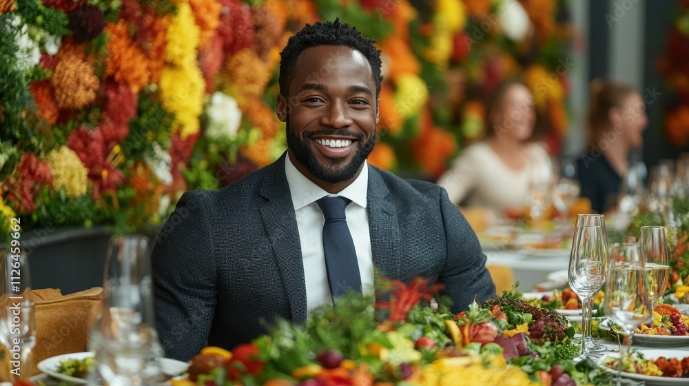 A man is smiling at the camera while sitting at a table with a large salad in front of him A man is smiling at the camera while sitting at a table with a large salad in front of him