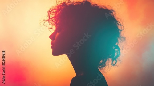 Silhouette of a Woman with Curly Hair Against a Vibrant Background