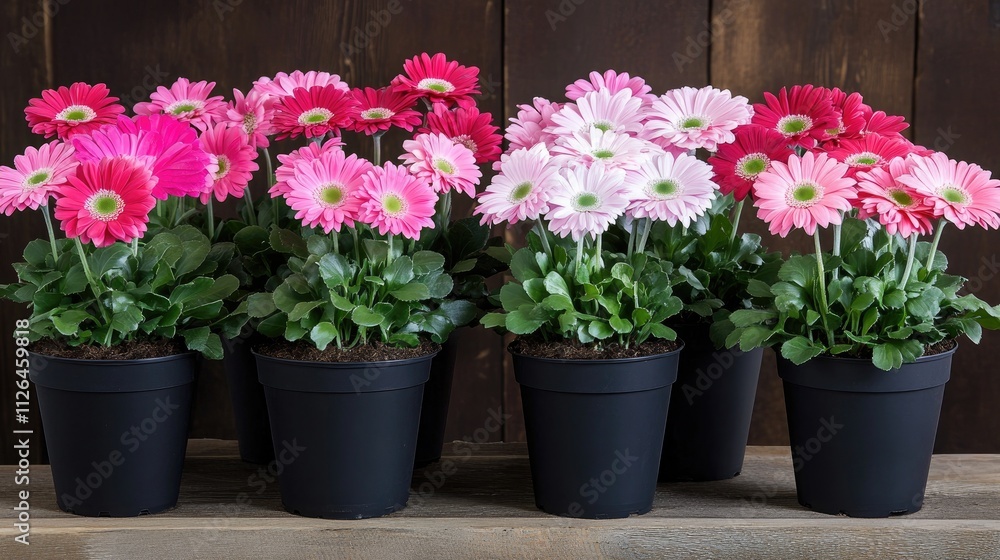 Pink gerbera daisies in black pots arranged in an indoor kitchen setting showcasing vibrant colors and lush greenery for home decor inspiration Pink gerbera daisies in black pots arranged in an indoor kitchen setting showcasing vibrant colors and lush greenery for home decor inspiration