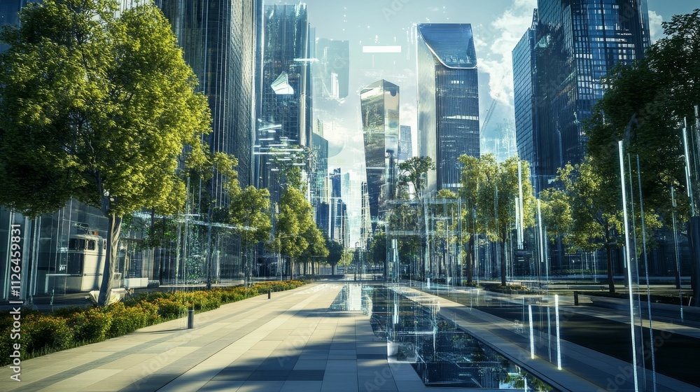 Obraz premium Modern city street, trees, glass buildings, futuristic overlay.