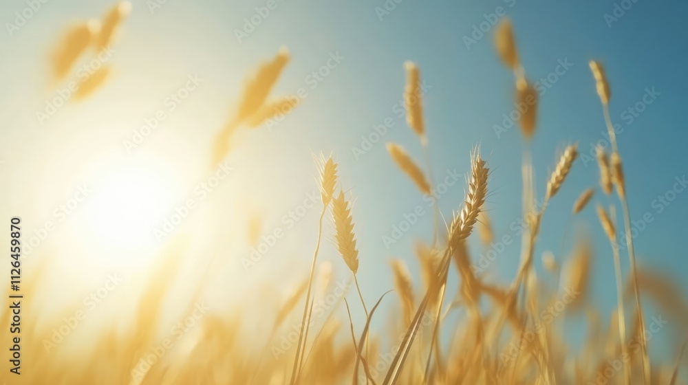 Fototapeta premium Golden spelt fields under bright sunlight showcasing ripe grain ready for harvest against a clear blue sky