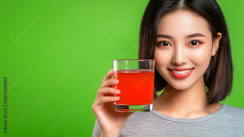 Young Asian woman with short hair holds a glass of red tomato juice against green background, enjoying a moment of healthy refreshment. Copy space. Young Asian woman with short hair holds a glass of red tomato juice against green background, enjoying a moment of healthy refreshment. Copy space.