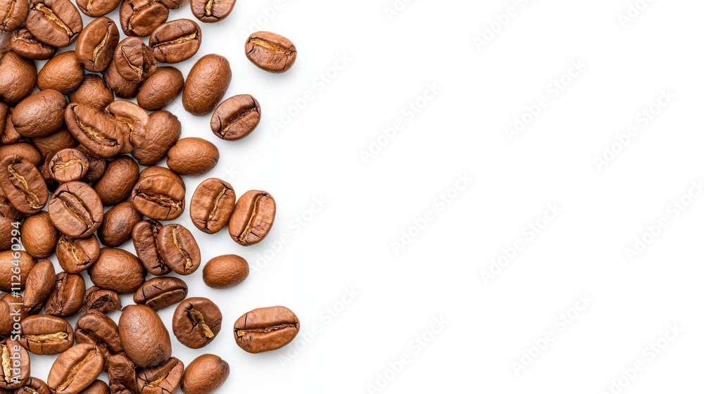 Obraz premium A photostock of coarse coffee grounds spread in natural clusters on a seamless white background, showcasing their rich brown tones and granular texture. High Quality