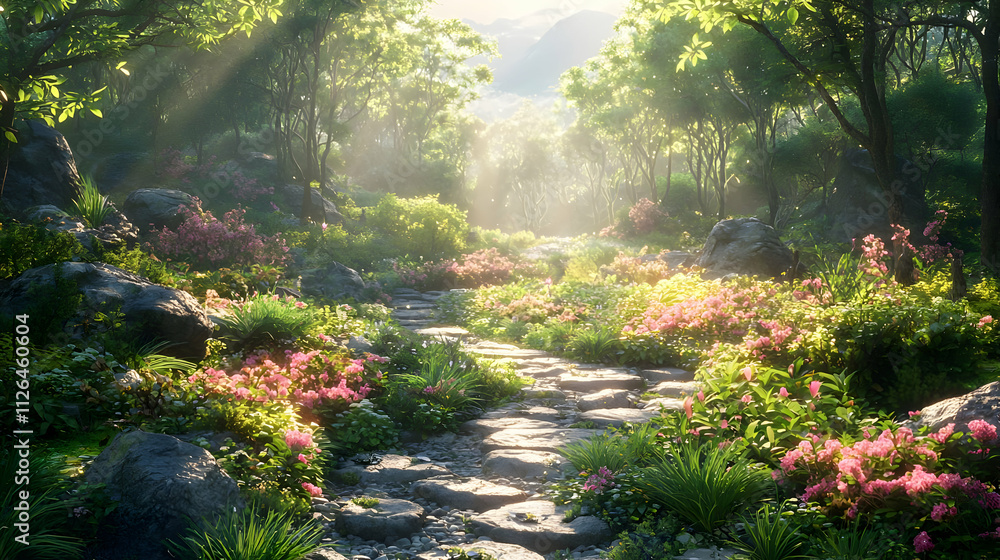 Sunlit Stone Path Through Blooming Forest Sunlit Stone Path Through Blooming Forest