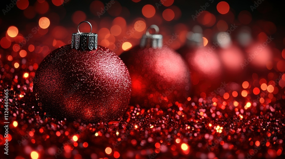 A red ornament sits on a red background. The background is a mix of red and white, with a few white specks scattered throughout. The ornament is the main focus of the image A red ornament sits on a red background. The background is a mix of red and white, with a few white specks scattered throughout. The ornament is the main focus of the image