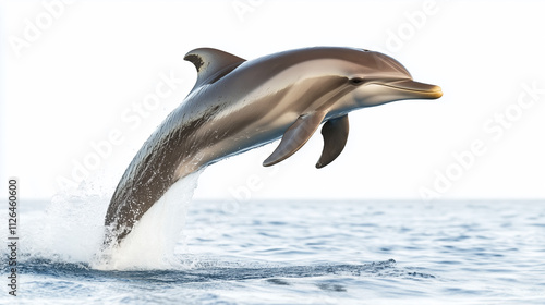 Photo realistic image of a sleek dolphin mid-leap. white background