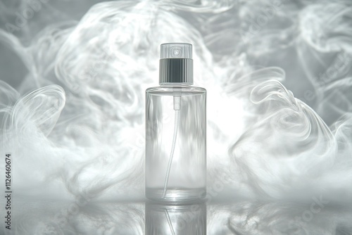 Clear perfume bottle amidst swirling white vapor.