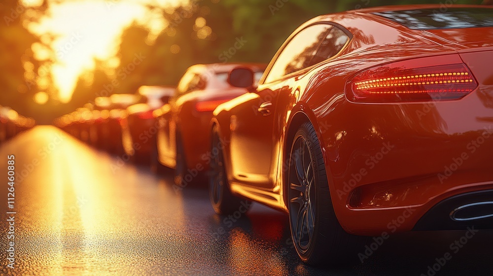 A row of red cars are lined up on a street. The cars are parked in a row, with the first car being the closest to the camera. The sun is shining brightly, casting a warm glow on the scene A row of red cars are lined up on a street. The cars are parked in a row, with the first car being the closest to the camera. The sun is shining brightly, casting a warm glow on the scene