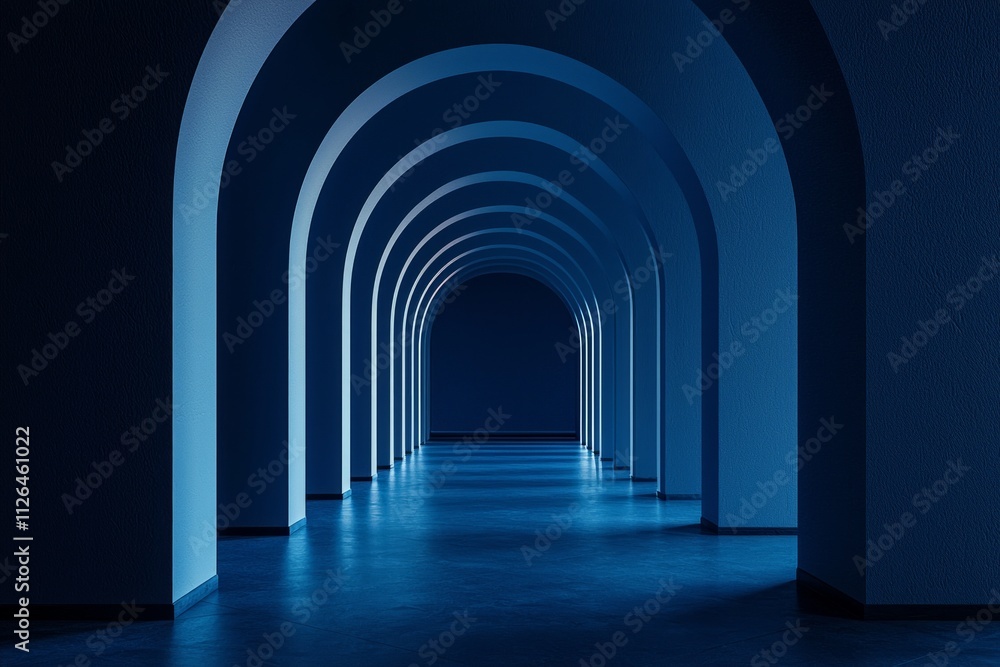 Fototapeta premium An arched corridor in blue, minimalistic, dark background