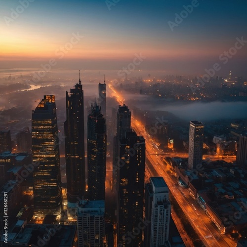 city skyline at sunset