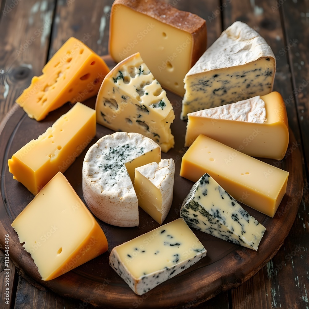 Cheese platter with various cheeses, fruits, and nuts on a wooden background. Cheese lover's day. generated by AI Cheese platter with various cheeses, fruits, and nuts on a wooden background. Cheese lover's day. generated by AI