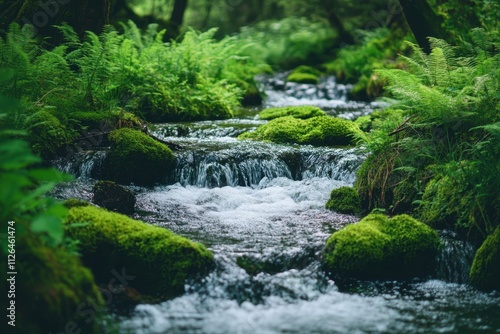 Tranquil moss-covered stream flowing through lush forest nature photography serene environment close-up viewpoint concept of peaceful wilderness