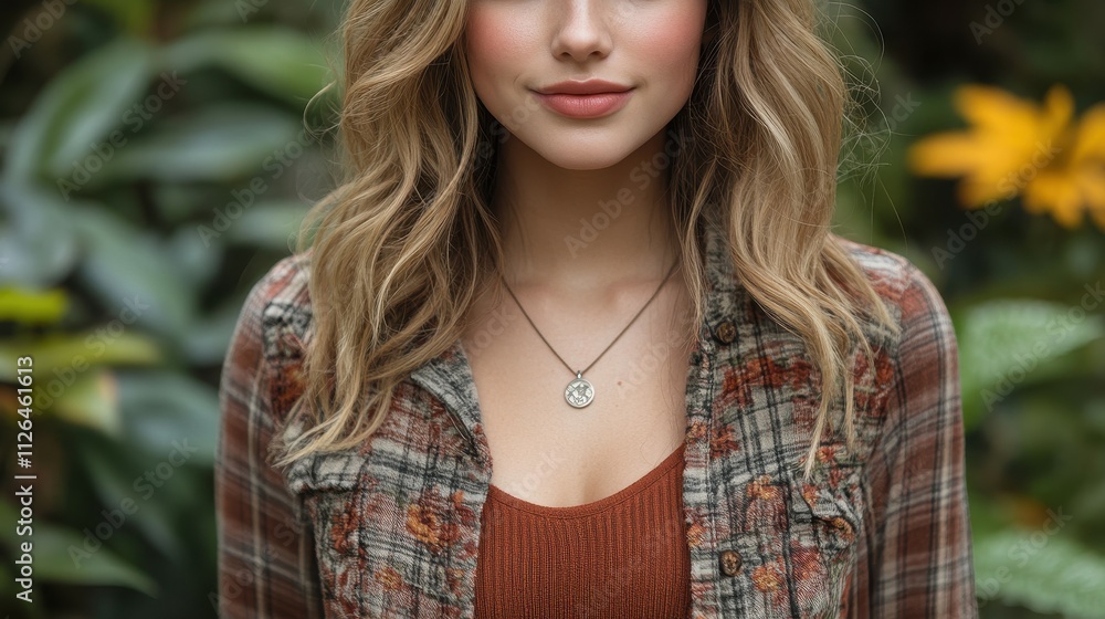 A woman with blonde hair and a necklace is wearing a plaid shirt. She is smiling and looking at the camera A woman with blonde hair and a necklace is wearing a plaid shirt. She is smiling and looking at the camera