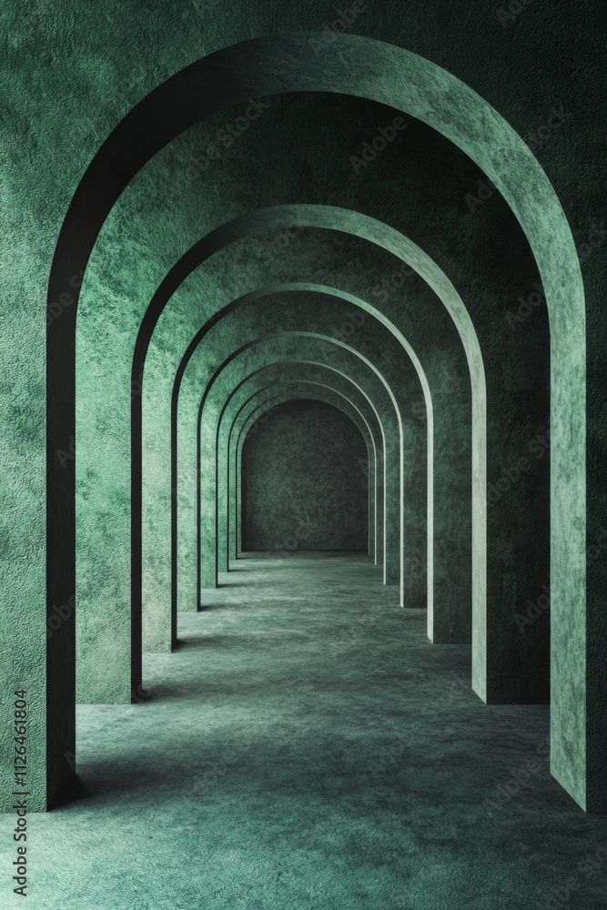 Obraz premium An arched corridor in green, minimalistic, dark background