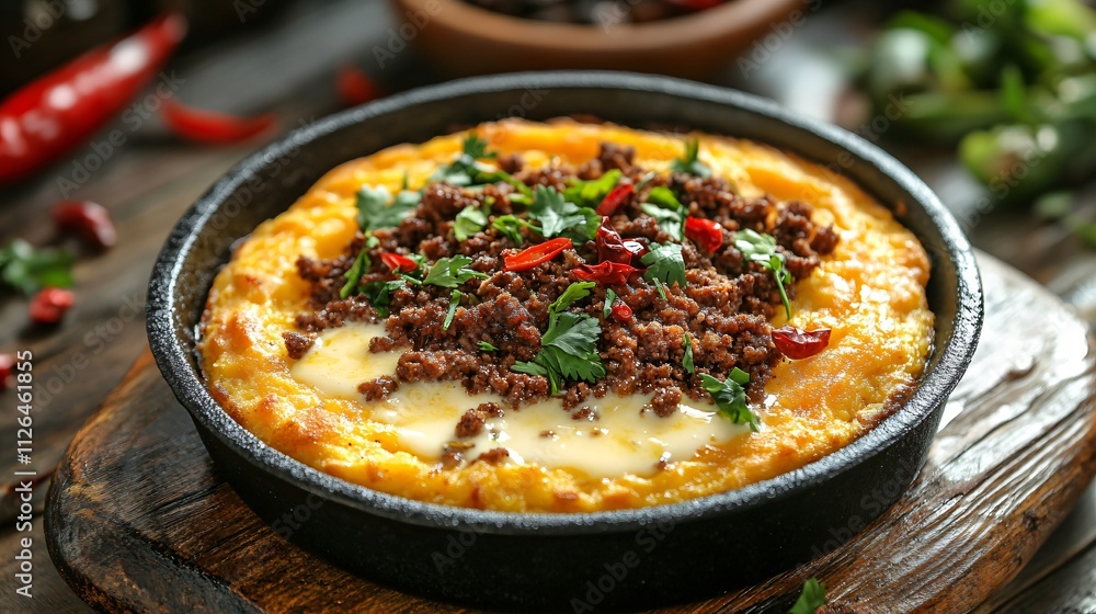 Cornbread served in a rustic iron skillet, with melted butter pooling on top and chili peppers as accents Cornbread served in a rustic iron skillet, with melted butter pooling on top and chili peppers as accents