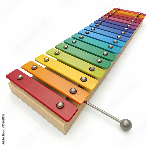 A colorful xylophone with metal keys arranged in a rainbow pattern