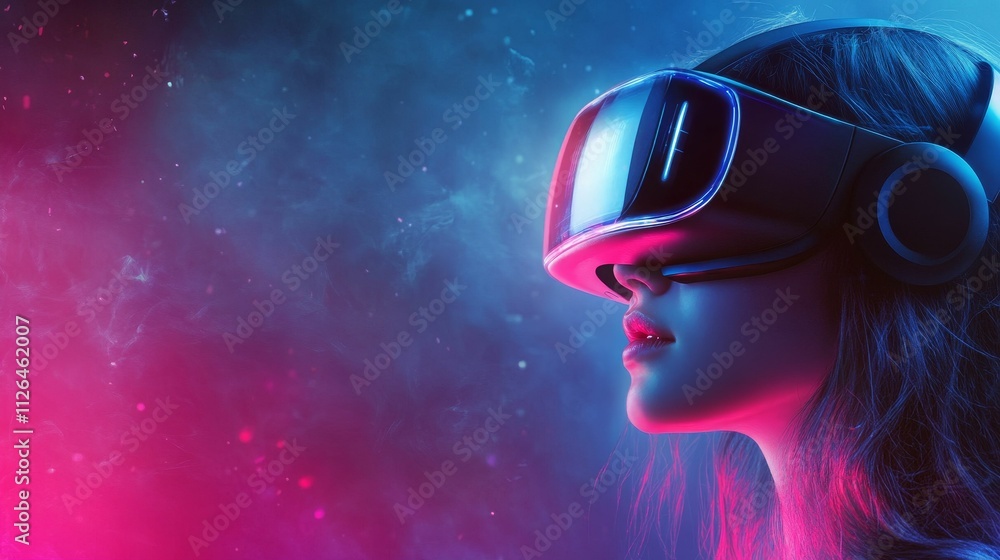 Woman, headset, virtual reality, neon glow, futuristic. Woman, headset, virtual reality, neon glow, futuristic.