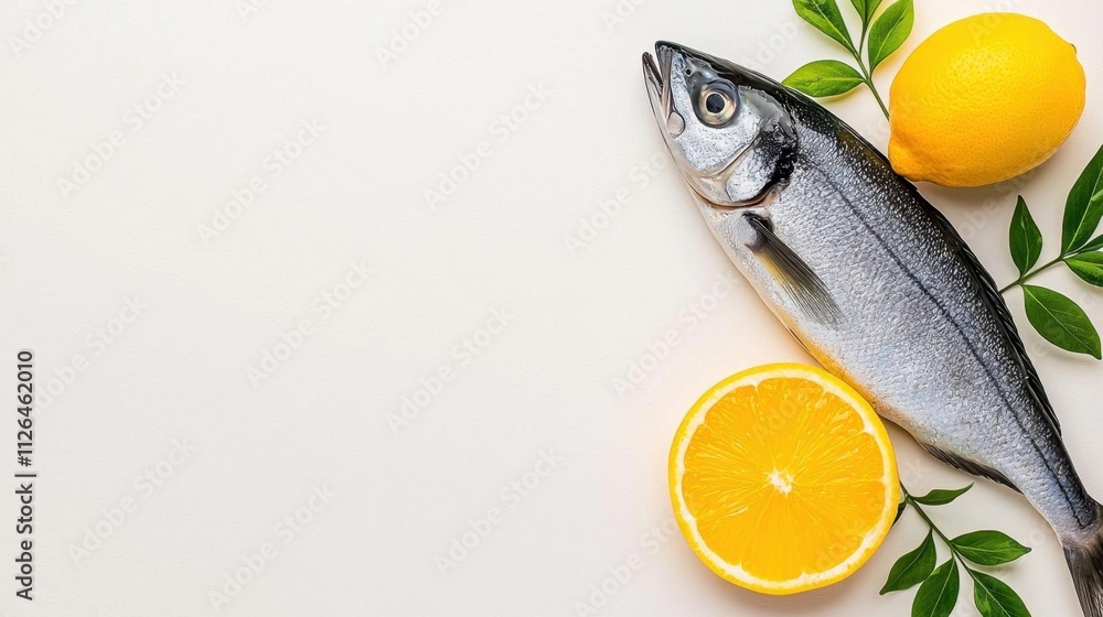 A photostock of freshly caught fish resting naturally on a seamless white background, symbolizing freshness and culinary appeal. High Quality A photostock of freshly caught fish resting naturally on a seamless white background, symbolizing freshness and culinary appeal. High Quality
