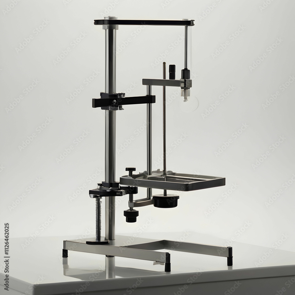 A metal retort stand with an adjustable clamp, A metal retort stand with an adjustable clamp,