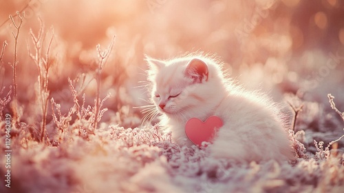 cat on the grass with red heart