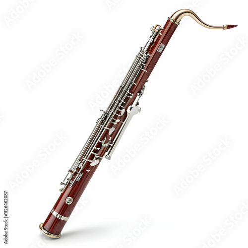 A concert bassoon with a long, curved body and silver keys, producing deep