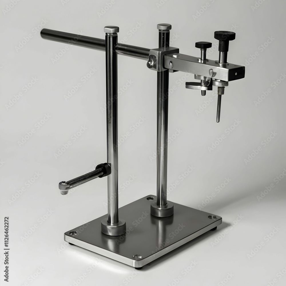 A metal retort stand with an adjustable clamp, A metal retort stand with an adjustable clamp,