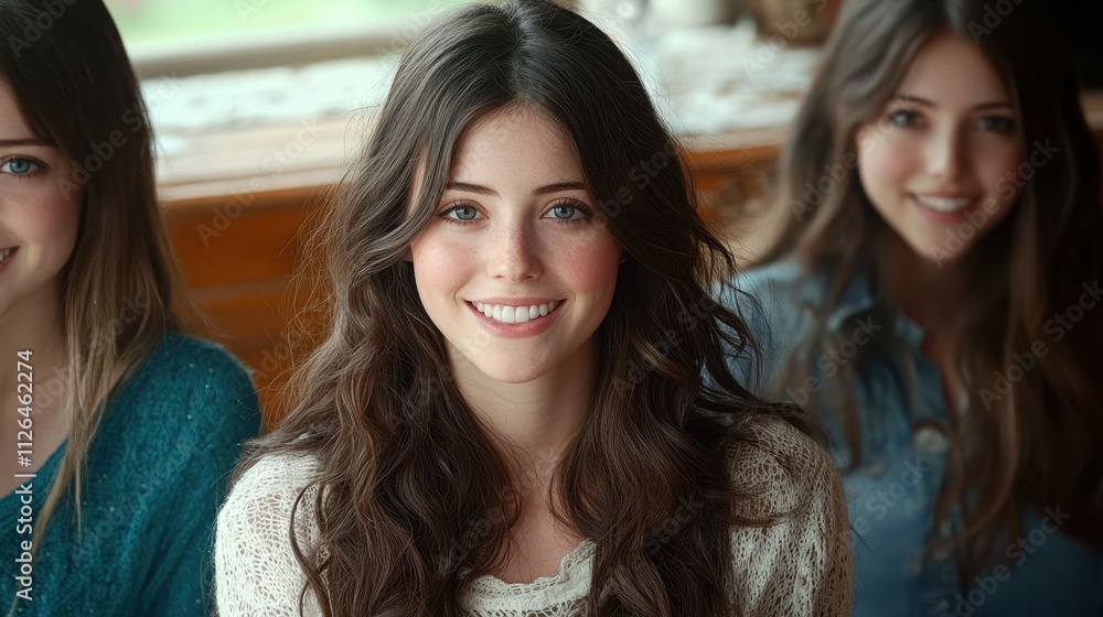 Three women are smiling at the camera. One of them is wearing a blue shirt. The other two are wearing white shirts Three women are smiling at the camera. One of them is wearing a blue shirt. The other two are wearing white shirts