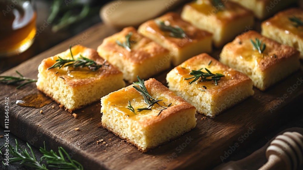 Freshly baked cornbread squares served on a wooden slab, with honey butter and sprigs of rosemary for garnish Freshly baked cornbread squares served on a wooden slab, with honey butter and sprigs of rosemary for garnish