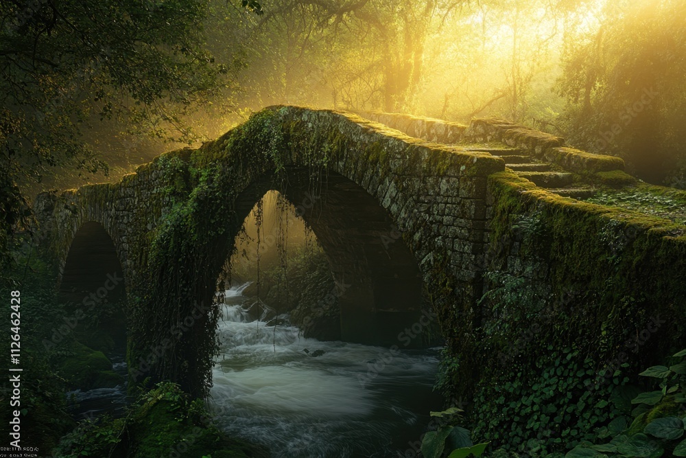 Moss-covered old stone bridge over a flowing river surrounded by lush forest serene environment captured from a ground viewpoint evoking tranquility and nature's beauty Moss-covered old stone bridge over a flowing river surrounded by lush forest serene environment captured from a ground viewpoint evoking tranquility and nature's beauty