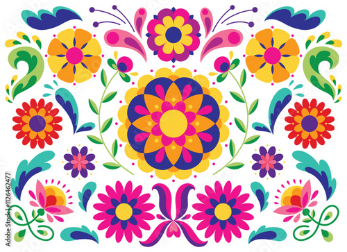 Mexican flower traditional pattern background. Ethnic embroidery decoration ornament. Flower symmetry texture. Ornate folk graphic, wallpaper. Festive mexican floral motif. Vector illustration