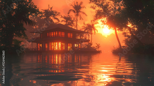Sunset's Embrace: Tropical House on Calm Waters