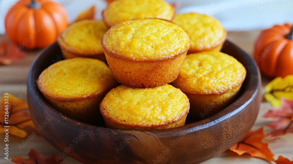 Golden cornbread muffins stacked in a wooden bowl, surrounded by autumn leaves and small decorative pumpkins Golden cornbread muffins stacked in a wooden bowl, surrounded by autumn leaves and small decorative pumpkins