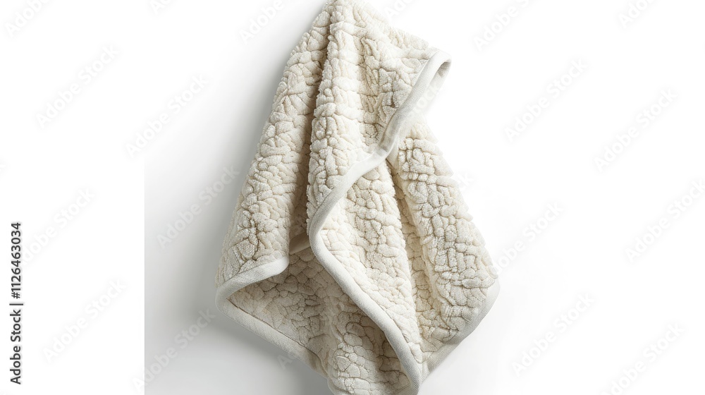 A cozy, Sherpa-lined hooded towel with a warm, fuzzy texture and practical design, hanging isolated on a white background A cozy, Sherpa-lined hooded towel with a warm, fuzzy texture and practical design, hanging isolated on a white background