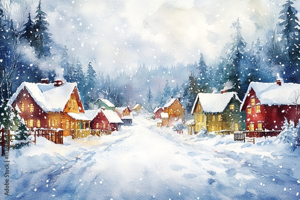 Fototapeta premium Christmas village in watercolor with colorful houses. Generative Ai
