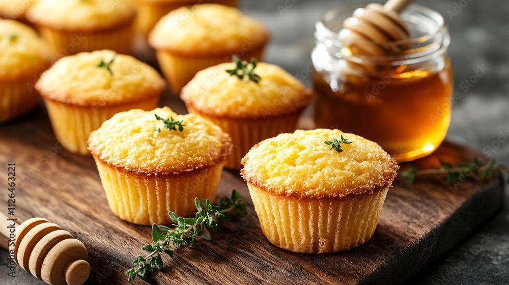 Isolated cornbread muffins on a wooden cutting board, with a jar of honey and sprigs of thyme as accents Isolated cornbread muffins on a wooden cutting board, with a jar of honey and sprigs of thyme as accents