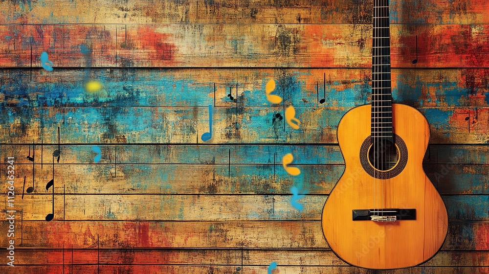 A vibrant wooden backdrop adorned with the elegant curves of a guitar's neck and a vibrant array of musical notes. A vibrant wooden backdrop adorned with the elegant curves of a guitar's neck and a vibrant array of musical notes.