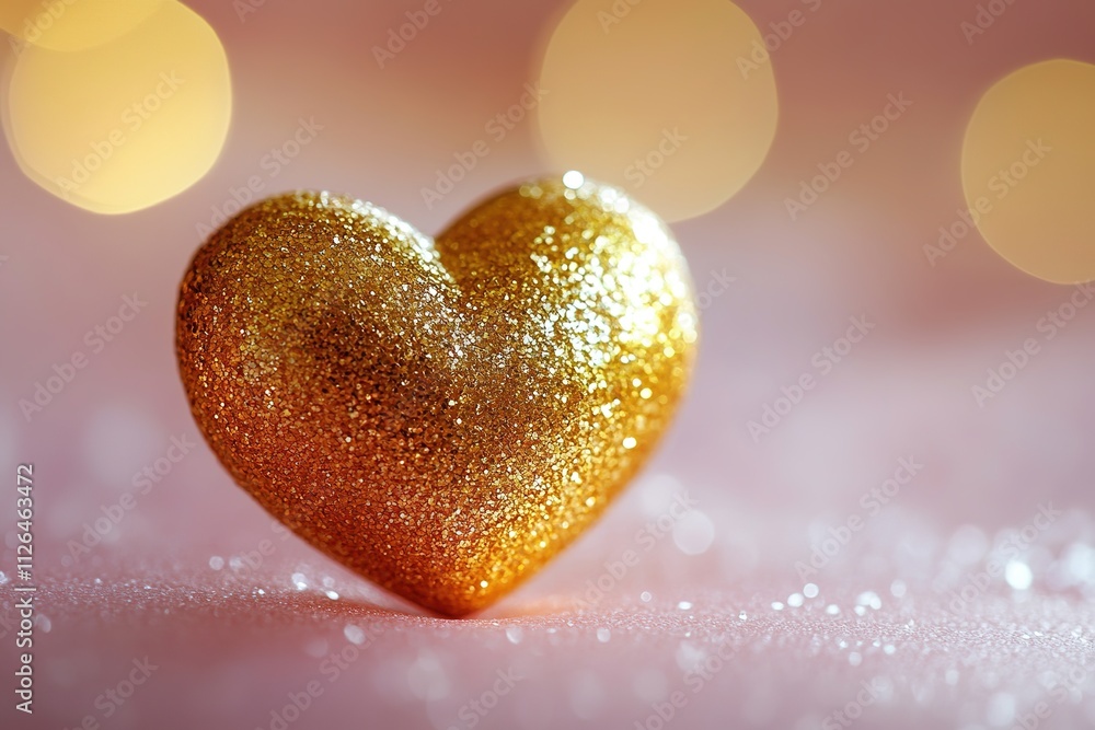Fototapeta premium single golden heart-shaped charm rests delicately on smooth blush pink surface softly illuminated with generous copy
