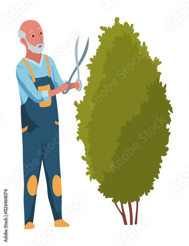 An Experienced Elderly Gardener Pruning a Bush Carefully and Skillfully with Shears