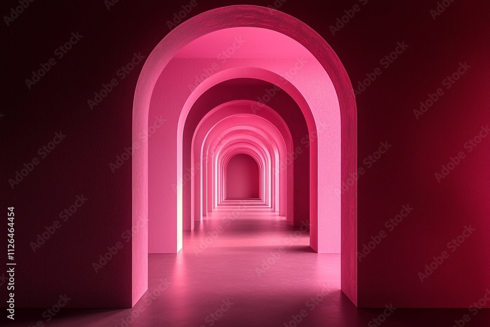 Naklejka premium An arched corridor in pink, minimalistic, dark background